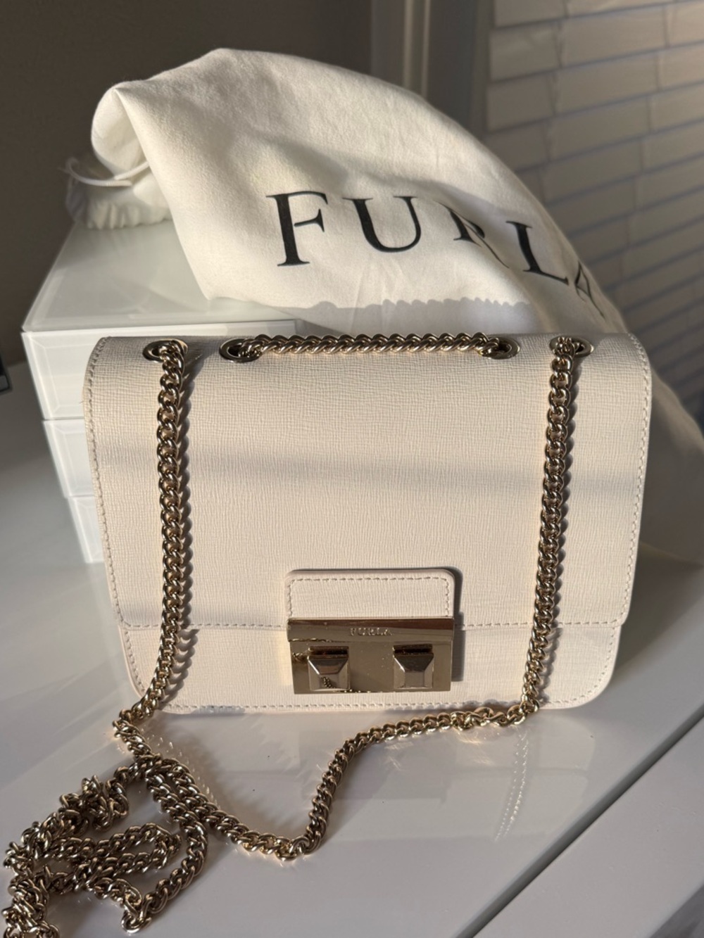Furla Cream Leather Crossbody with Gold Chain